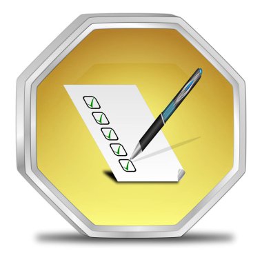 Kontrol listesi olan altın düğme - 3B illüstrasyon