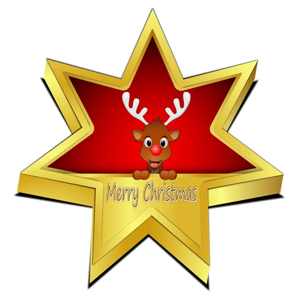 Botão Estrela Vermelho Decorativo Com Renas Desejando Feliz Natal Ilustração — Fotografia de Stock
