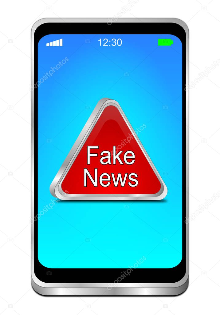 Smartphone with red Fake News warning sign on blue desktop - 3D illustration