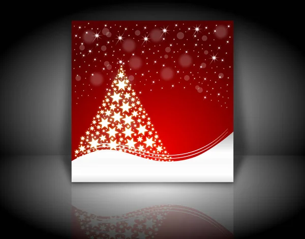 Gümüş Zemin Üzerinde Dekoratif Noel Ağacı Olan Kırmızı Noel Kartı — Stok fotoğraf