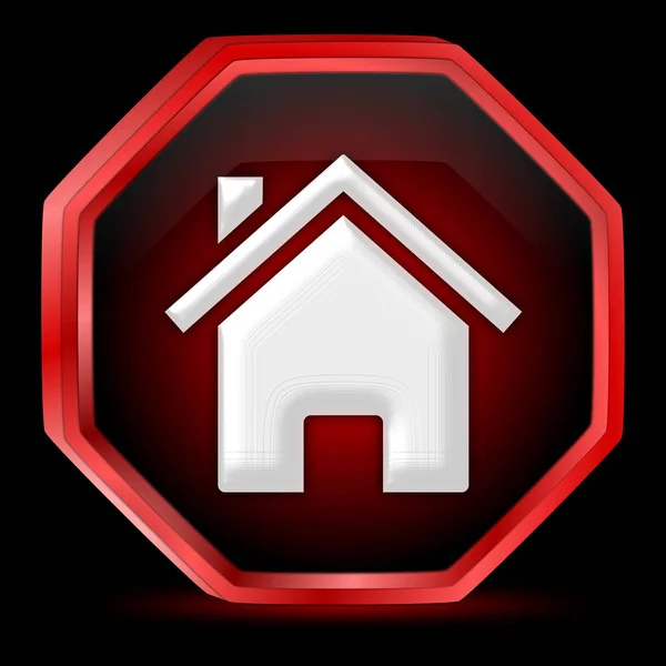 黑色背景上光滑的红色家庭按钮 3D插图 — 图库照片