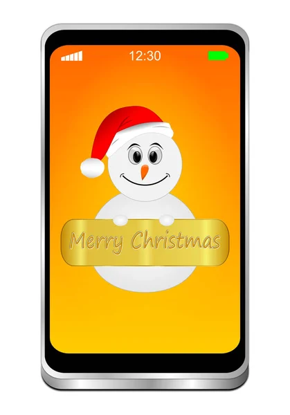 Dekorativ Smartphone Med Snögubbe Önskar God Jul Orange Skrivbord Illustration — Stockfoto