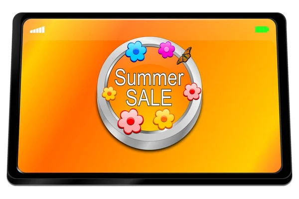 Tablet Υπολογιστή Κουμπί Summer Sale Πορτοκαλί Επιφάνεια Εργασίας Εικόνα — Φωτογραφία Αρχείου