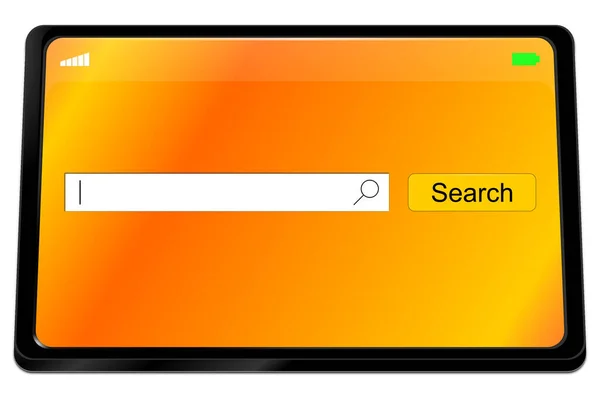 オレンジ色のデスクトップ上のインターネットのウェブ検索エンジンとタブレットコンピュータ 3Dイラスト — ストック写真