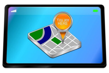 Turunculu Tablet Bilgisayarı Mavi Masaüstünde Burada Harita İşaretleyicisisiniz - 3D illüstrasyon