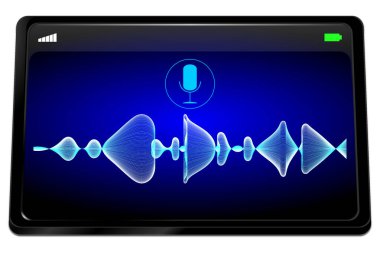 Mavi masaüstünde ses tanıma özelliği olan tablet bilgisayarı - 3B illüstrasyon