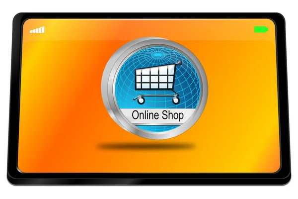 Tablet Počítač Modrým Line Shop Tlačítko Oranžové Ploše Ilustrace — Stock fotografie