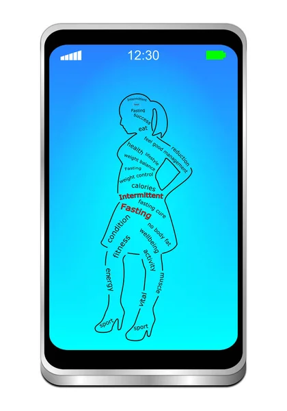 Smartphone Přerušovaným Půstem Wordcloud Ženské Siluetě Modrém Displeji Ilustrace — Stock fotografie