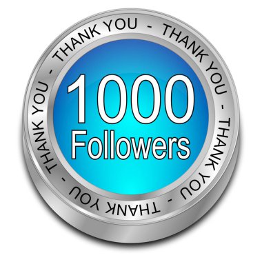 Parlak mavi 1000 takipçi Teşekkür düğmesi - 3D illüstrasyon