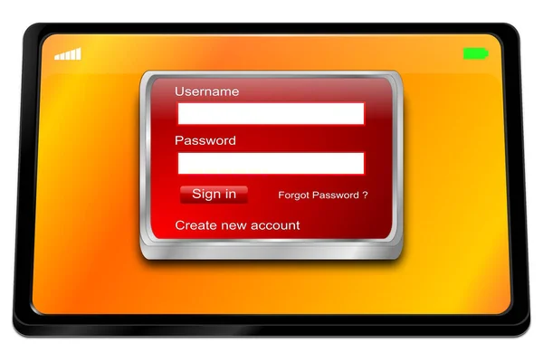Tablet Computer Con Schermo Rosso Accesso Sul Desktop Arancione Illustrazione — Foto Stock