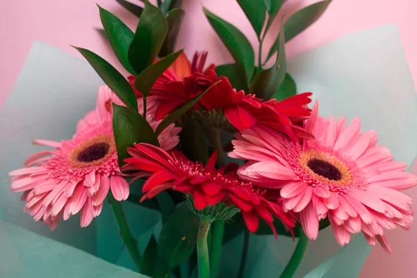 Ramo Gerberas Rosadas Rojas Sobre Fondo Pastel Rosado — Foto de Stock