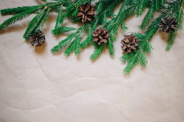 Çam ağacı ve koniler ile Noel arka plan. Kopya alanı, Kraft kağıt ile üstten görünüm