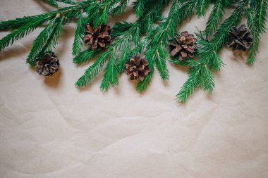 Çam ağacı ve koniler ile Noel arka plan. Kopya alanı, Kraft kağıt ile üstten görünüm