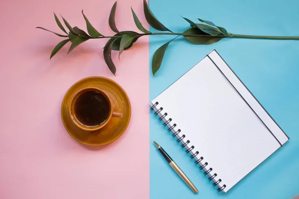 minimalist Flat lay, pastel colors, Cup, notebook, green branch