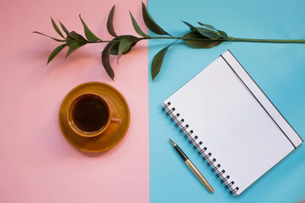 minimalist Flat lay, pastel colors, Cup, notebook, green branch