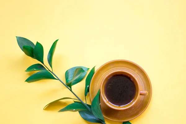 minimalist Flat lay, yellow background, Cup of coffee, green branch