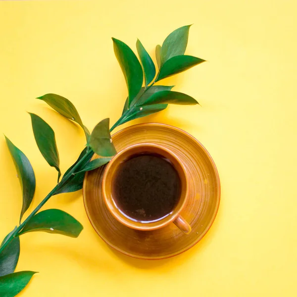 minimalist Flat lay, yellow background, Cup of coffee, green branch