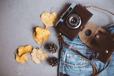 Moskova, Rusya - 08 30 2018:top görünümü kot, sonbahar yaprakları, üvez meyveleri, vintage retro kamera, kartpostal, kopya alanı