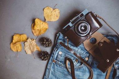 Moskova, Rusya - 08 30 2018:top görünümü kot, sonbahar yaprakları, üvez meyveleri, vintage retro kamera, kartpostal, kopya alanı