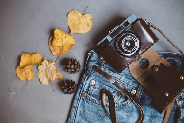 Moskova, Rusya - 08 30 2018:top görünümü kot, sonbahar yaprakları, üvez meyveleri, vintage retro kamera, kartpostal, kopya alanı