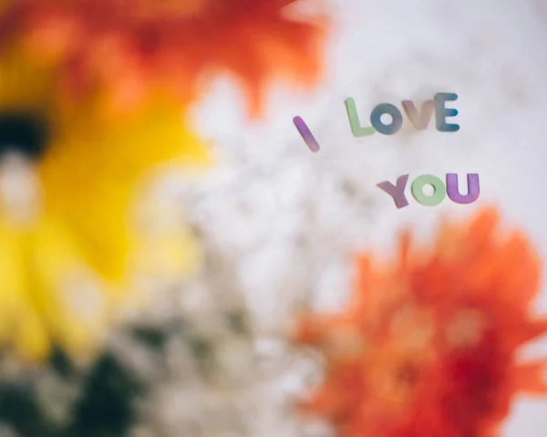 Letras Coloridas Amo Você Gerbera Buquê Fundo Amor — Fotografia de Stock