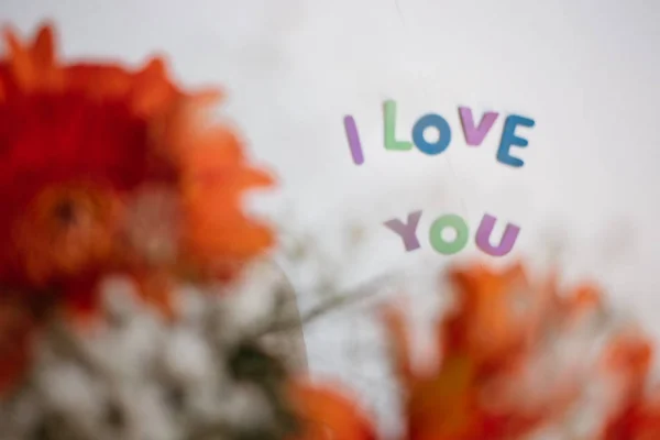 Letras Coloridas Amo Você Gerbera Buquê Fundo Amor — Fotografia de Stock