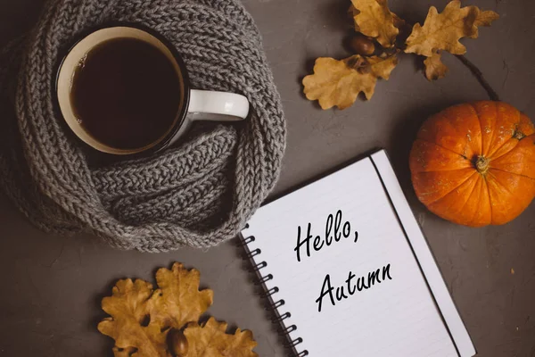 Hojas Otoño Color Naranja Amarillo Una Taza Envuelto Una Bufanda —  Fotos de Stock