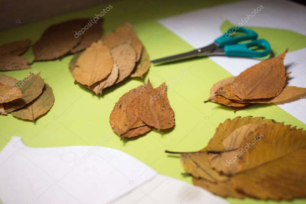 autumn craft with kids. cute hedgehog made of autumn leaves, natural materials. creating process