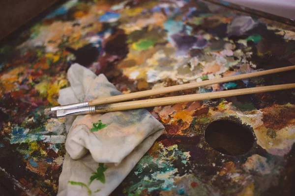a real artist\'s palette, oil paints and two paint brushes