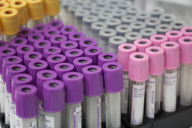 Fryazino, Rusya - 06 11 2018: çok renkli tüpler için kan, Tıbbi maddeler, biomaterial toplama, office kavramı