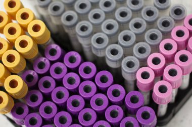 Fryazino, Rusya - 06 11 2018: çok renkli tüpler için kan, Tıbbi maddeler, biomaterial toplama, office kavramı