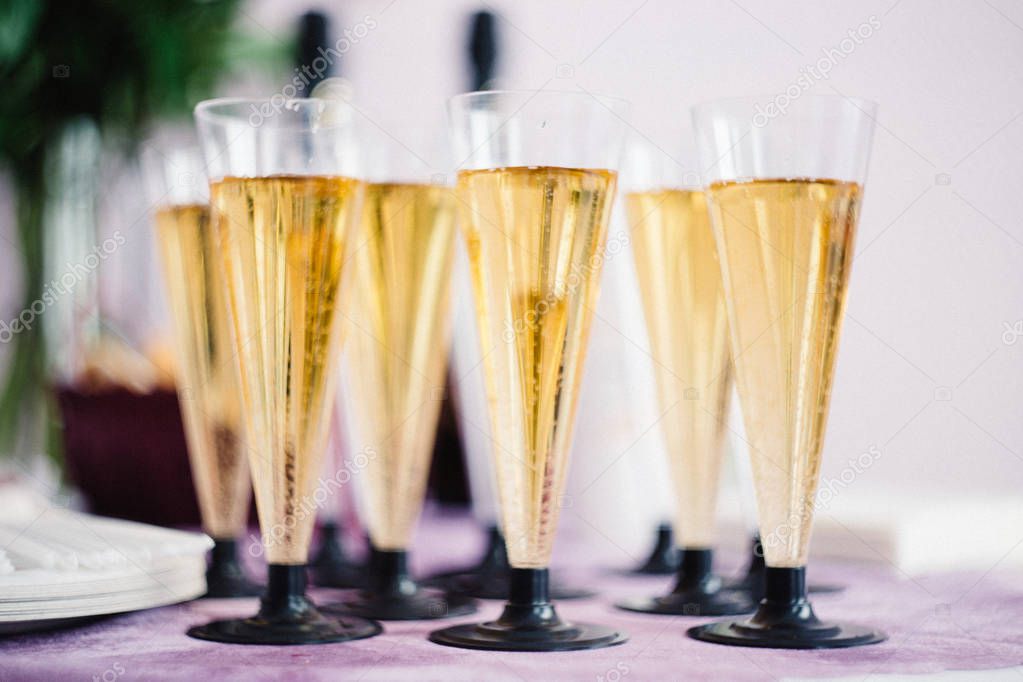 glasses of champagne, festive table decoration concept. New year or Christmas