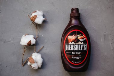 Moskova Rusya - 11 14 2018: şişe Hershey's çikolata şurubu. Pamuk bitki, gri arka plan