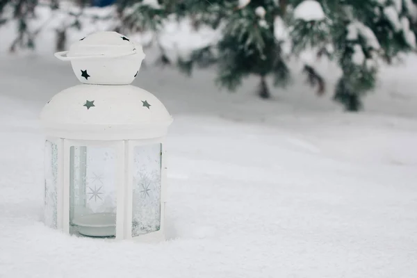 Witte Lantaarn Sneeuw Tegen Sneeuw Bedekte Takken Mooie Winter Achtergrond — Stockfoto