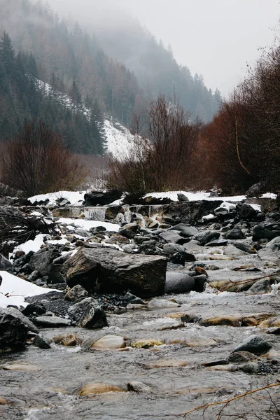 Górskie Rzeki Okresie Zimowym Piękny Zimowy Mglisty Krajobraz — Zdjęcie stockowe