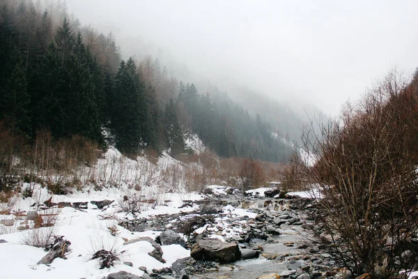 Berg Rivier Winter Mooie Mistige Winterlandschap — Stockfoto