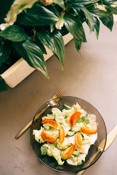 Sağlıklı Salata Taze Sebze Domates Salatalık Buzdağı Çatal Bıçak Takımı — Stok fotoğraf