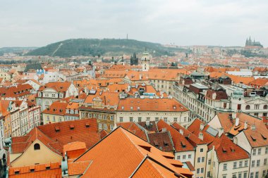 Prague, Çek Cumhuriyeti - 04 02 2013: Mimarlık, binalar ve dönüm noktası. Eski bir şehir, üstten görünüm çatı kiremit