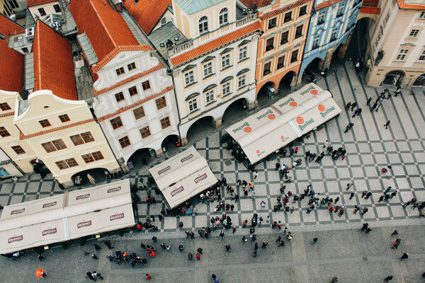 Prague, Czech Republic - 04 02 2013: Architecture, buildings and landmark. Top view of an old town tiled roof
