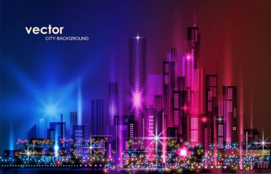 Gece şehir illüstrasyon neon kızdırma ve canlı renkler ile.