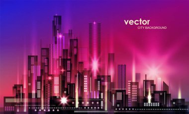 Neon ışıklı ve canlı renklerle gece şehri illüstrasyonu. Mimari, gökdelenler, megapolis, binalar, şehir merkezi.