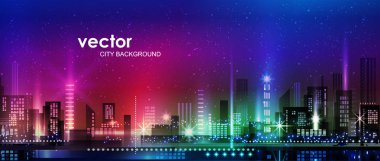 Vektör gece şehir illüstrasyon neon kızdırma ve canlı renkler ile.