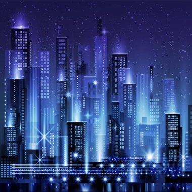 Neon parıltılı gece şehir illüstrasyonu