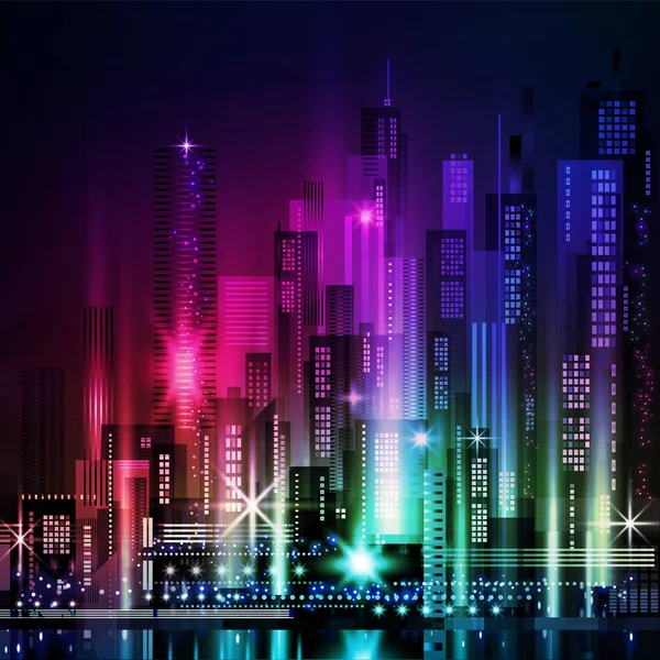 Ilustración vectorial de la ciudad nocturna con brillo de neón y colores vivos . — Archivo Imágenes Vectoriales