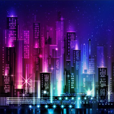 Vektör gece şehir illüstrasyon neon kızdırma ve canlı renkler ile.