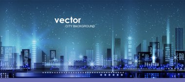 Neon parıltılı gece şehir illüstrasyonu