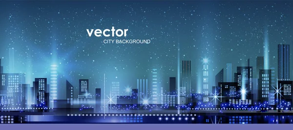Ilustração noturna da cidade com brilho de néon — Vetor de Stock