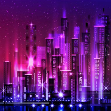 Vektör gece şehir illüstrasyon neon kızdırma ve canlı renkler ile.