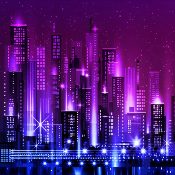 Vector night city illustration with neon glow and vivid colors. — Stock Vector