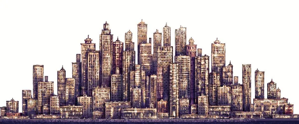 Modern City Skyline Mycket Detaljerad Handritad Illustration Med Arkitektur Skyskrapor — Stockfoto